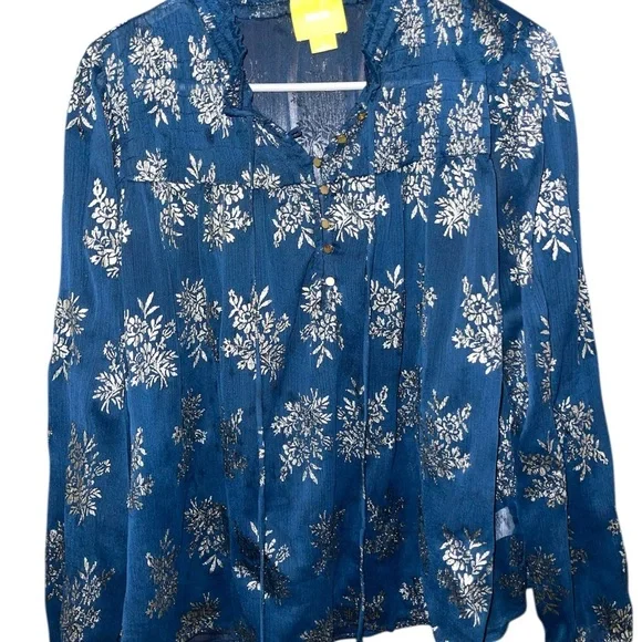 Maeve Anthropologie Navy Gold Floral Sheer Blouse medium - Picture 2 of 5